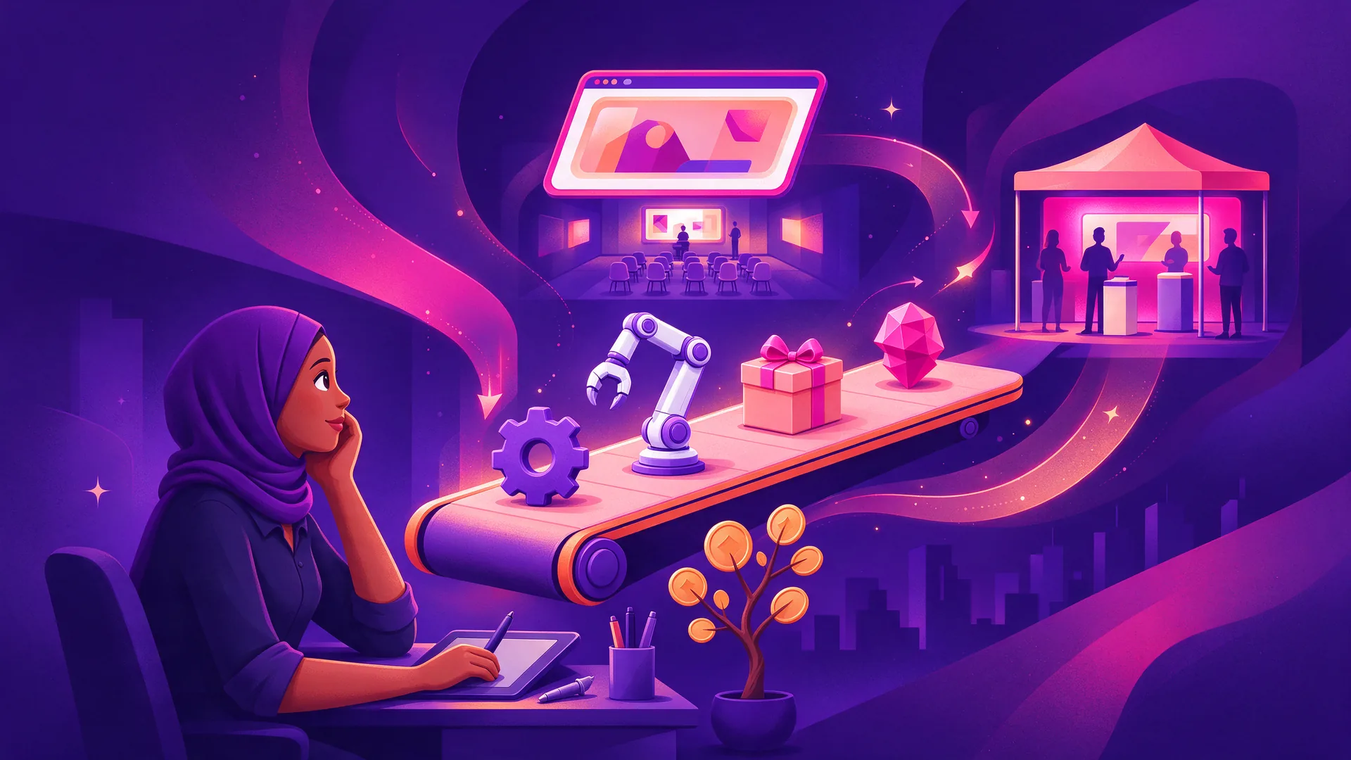 Ilustración de una artista 3D con un pañuelo en la cabeza enviando modelos reutilizables a través de una cinta transportadora
