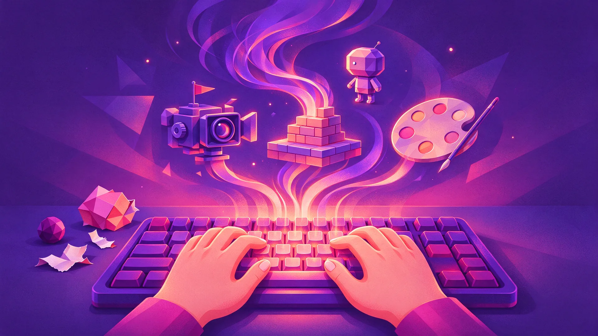 Ilustración de unas manos sobre un teclado brillante del que se elevan cintas de luz, formando una cámara y una pequeña figura