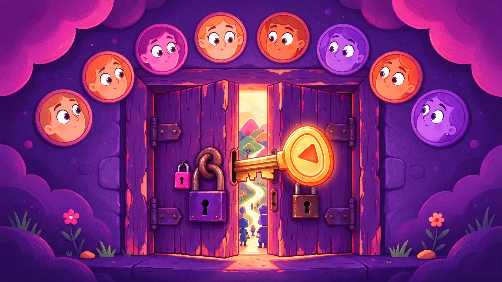 Ilustración de una puerta pesada con candados que se abre con una llave en forma de botón de reproducción