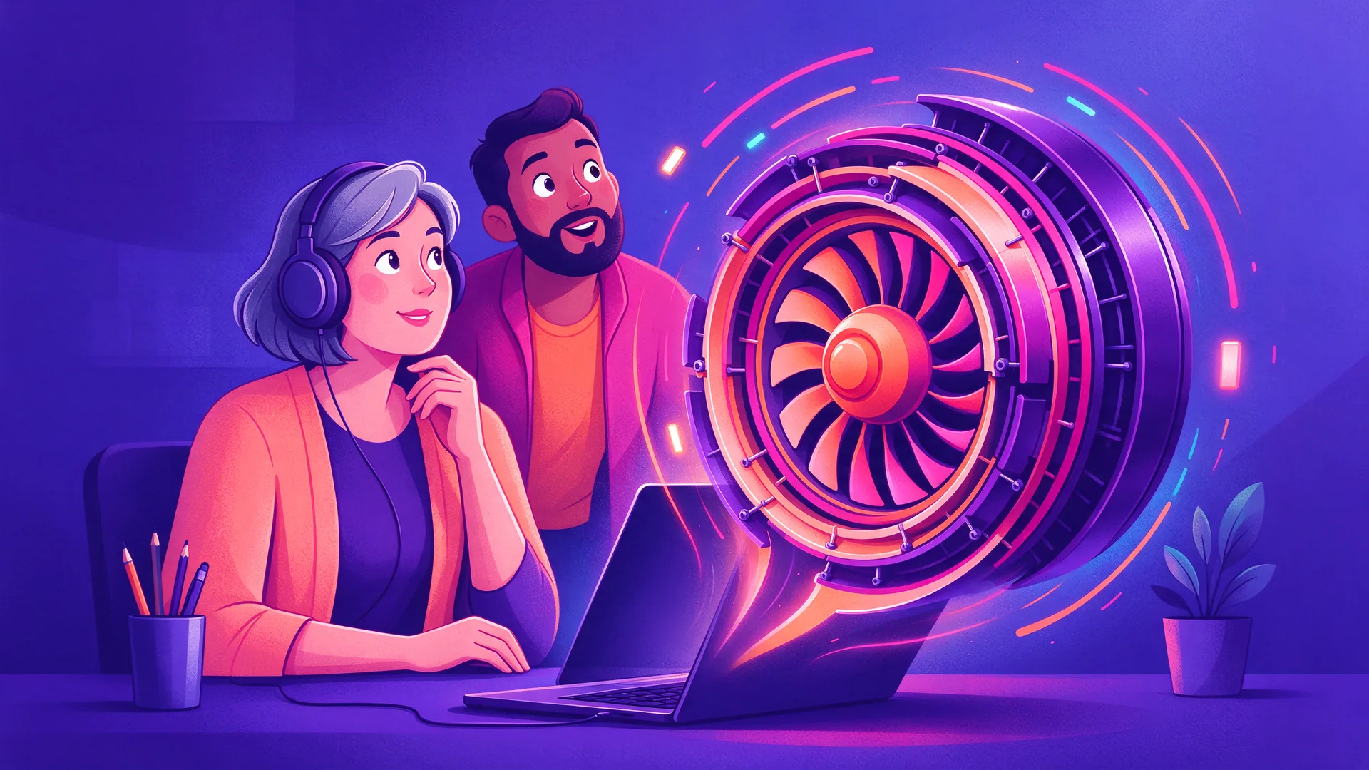 Ilustración de un estudiante con auriculares frente a una computadora portátil de la cual se eleva un modelo de turbina 3D giratoria