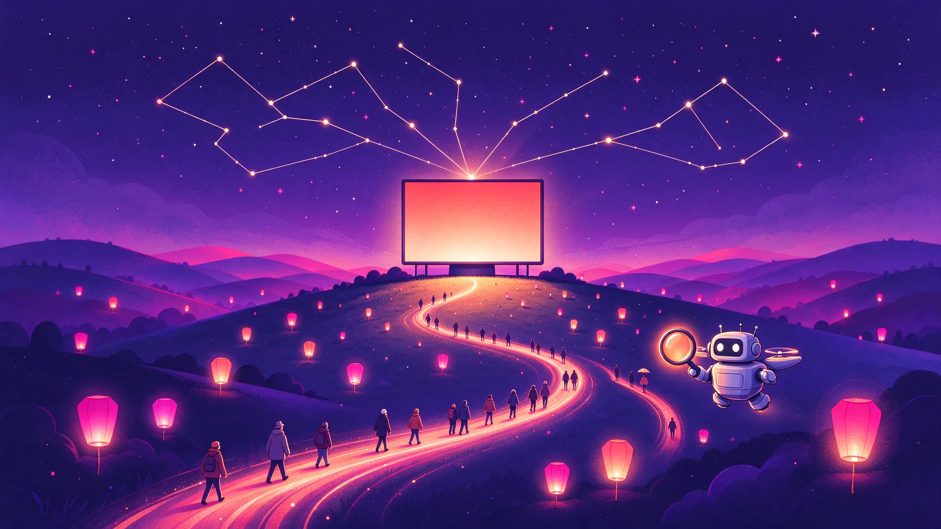 Ilustración de un paisaje nocturno montañoso con una pantalla de vídeo a modo de faro que atrae a los viajeros y un dron