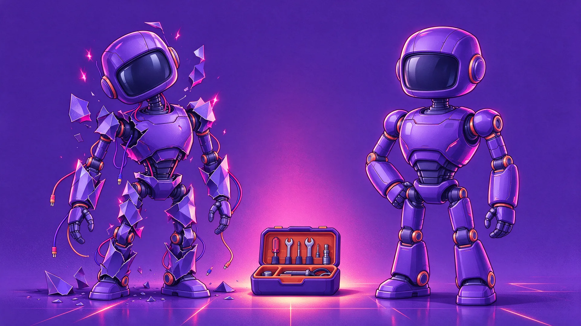 Ilustración de un robot 3D roto con formas distorsionadas a la izquierda y una versión pulida a la derecha
