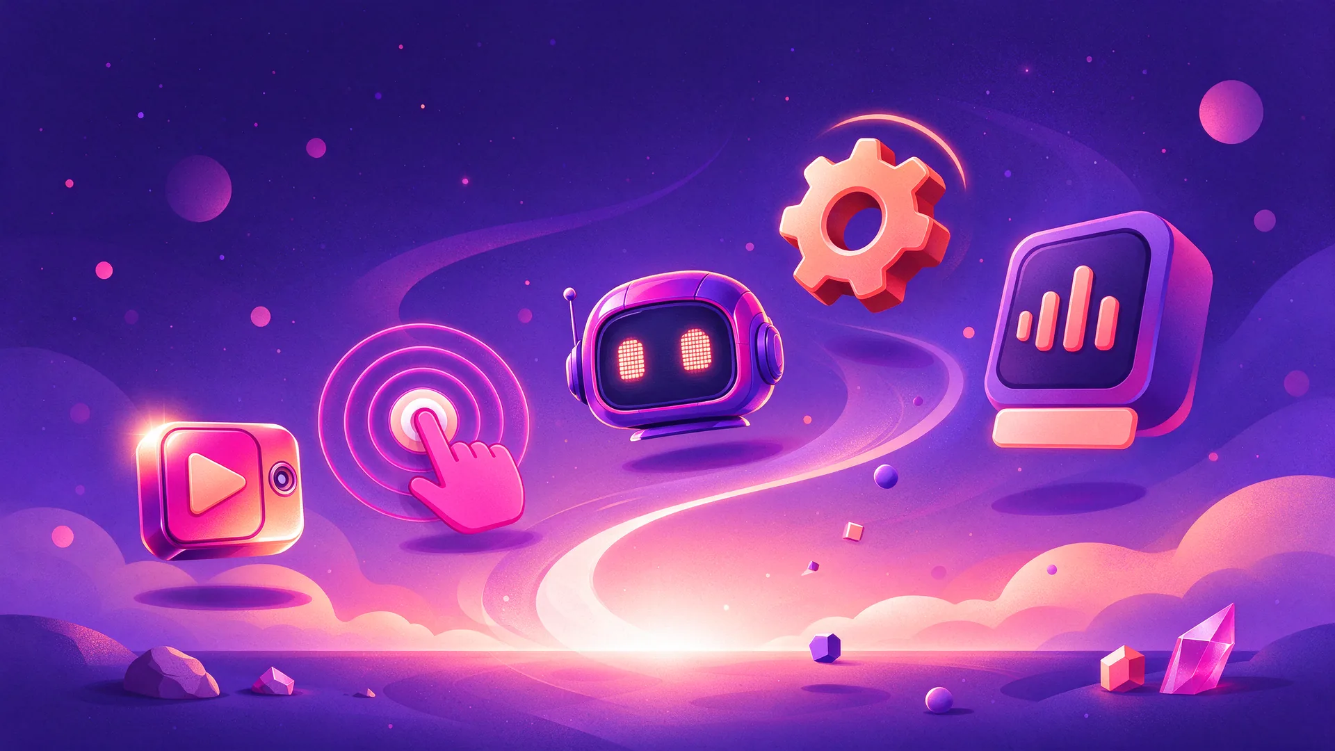 Illustration mit schwebenden Symbolen wie einem Videowürfel, einem Roboterkopf und einem deaktivierten Lautsprecher auf einem sich erhebenden Bogen
