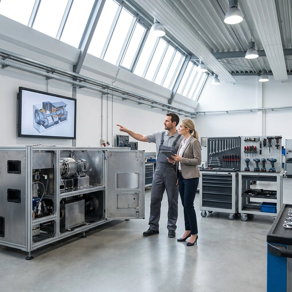 Technician and service advisor study a cutaway machine visual on a workshop screen beside industrial equipment in a bright European service bay.