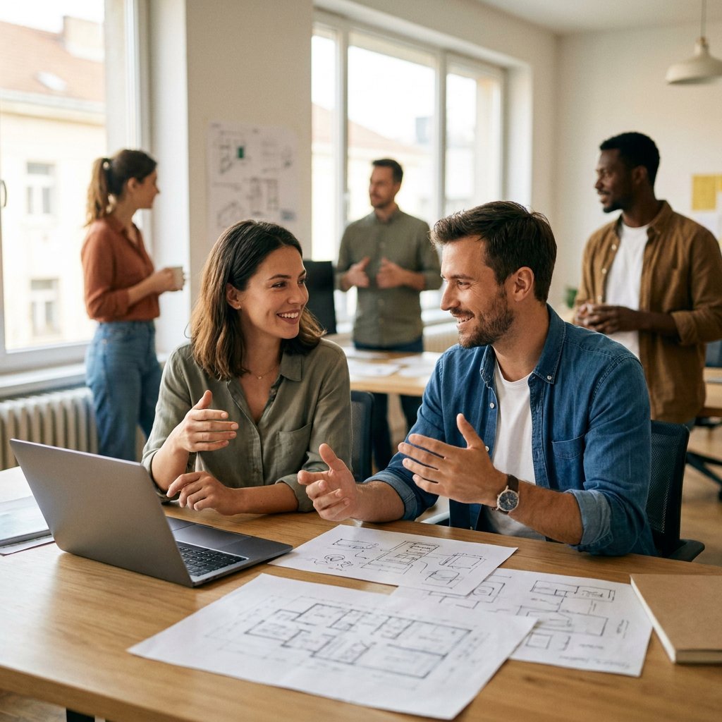 The marketing and engineering teams consult together around a table with diagrams, a laptop, and product visuals in a modern European office.