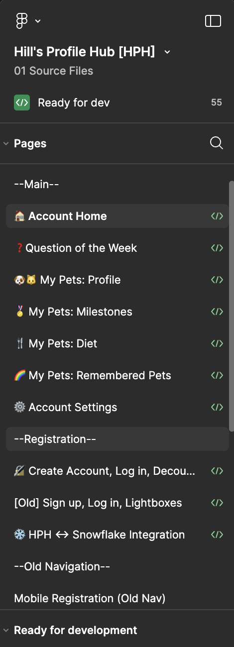 Figma pages organized and named properly, with emojis to help with fast navigation.
