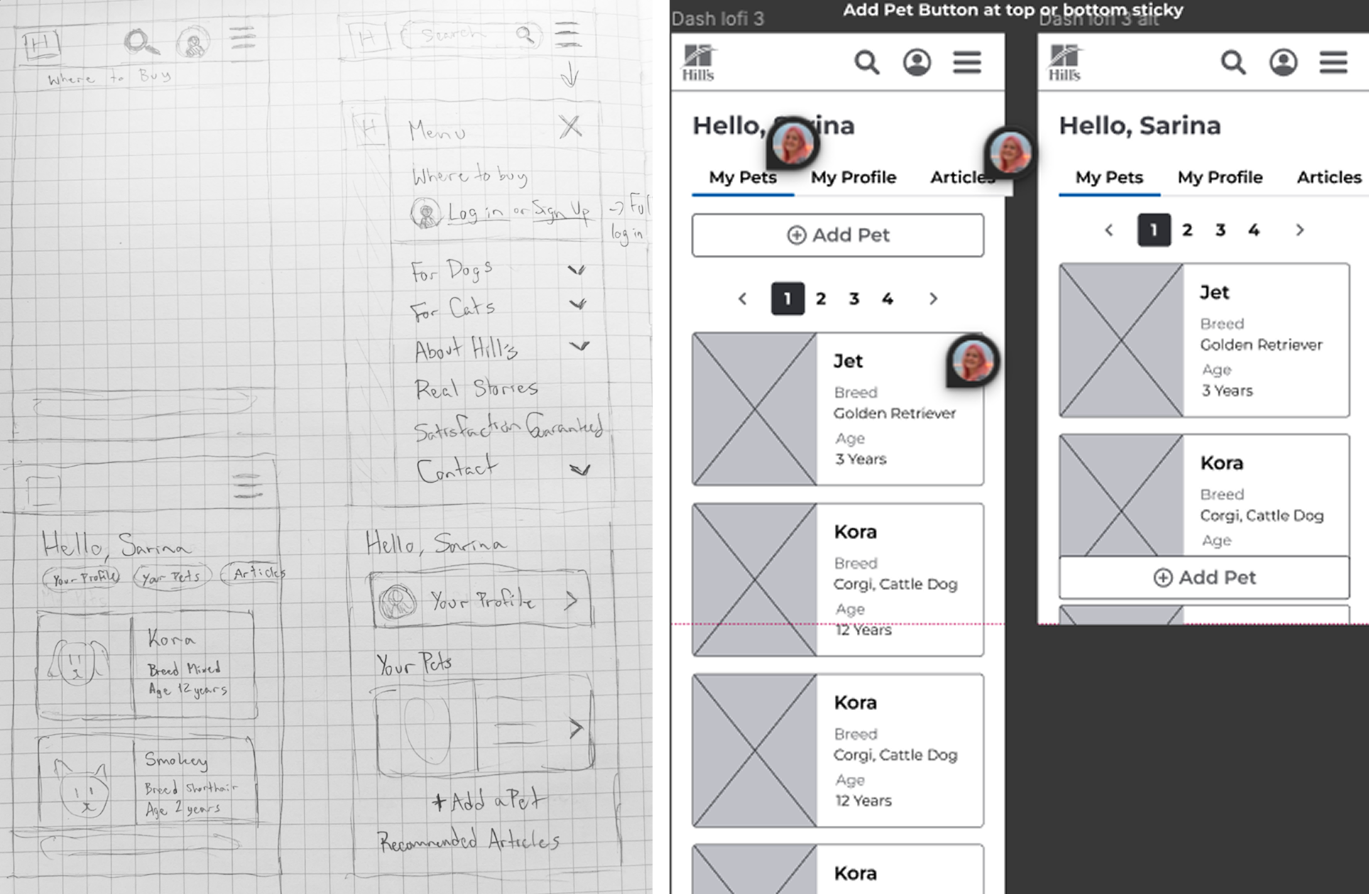 Sketches on paper and low-fidelity mockups of early designs for My Account navigation.