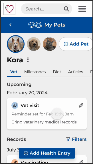 Animated gif of the My Pets page tabs overflowing with horizontal scroll on mobile.