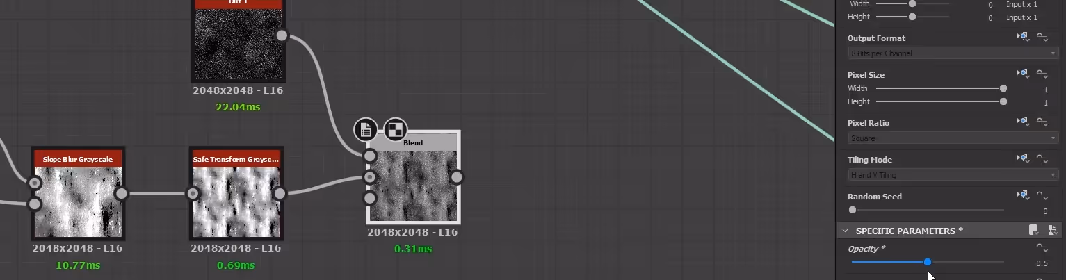 dirt 1 node and set the opacity to 0.5