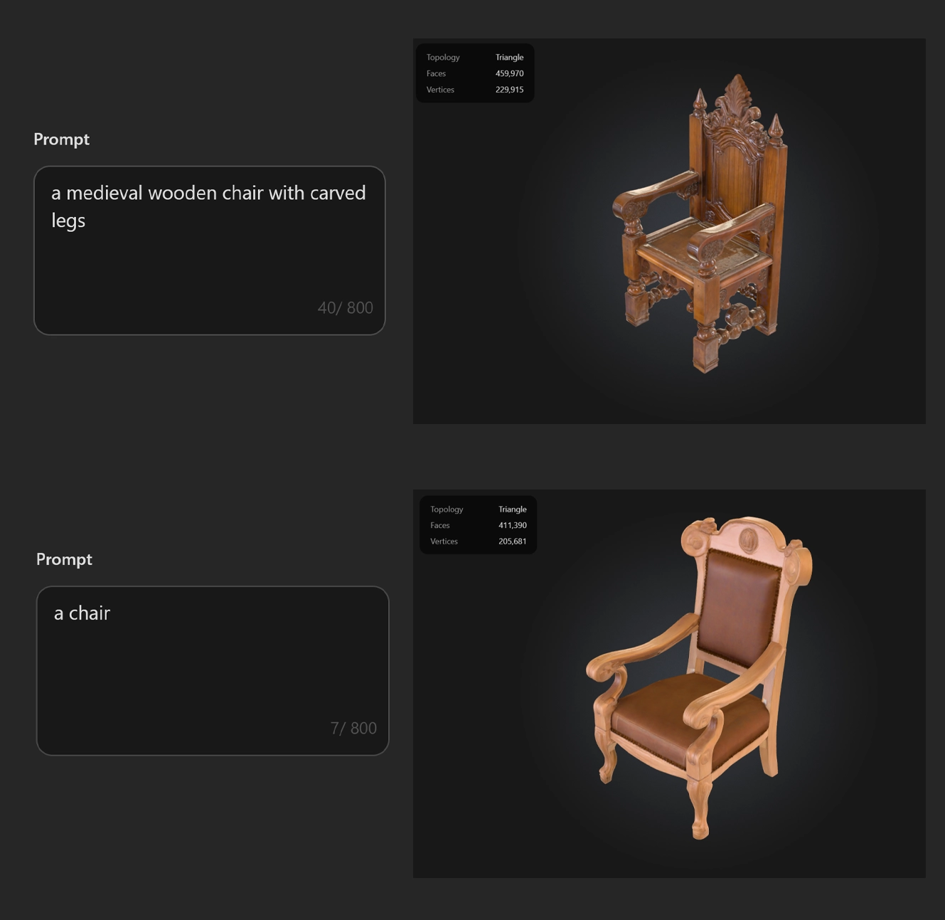 An example of how different prompts affect text to 3D AI generation with chairs as an example