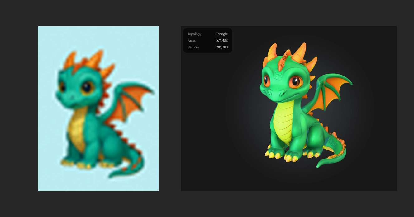 A 3D generated model of a dragon using a low quality photo