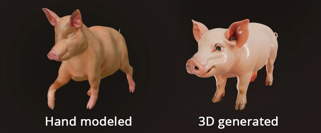 A comparison between a hand modeled 3D pig versus a 3D generated pig