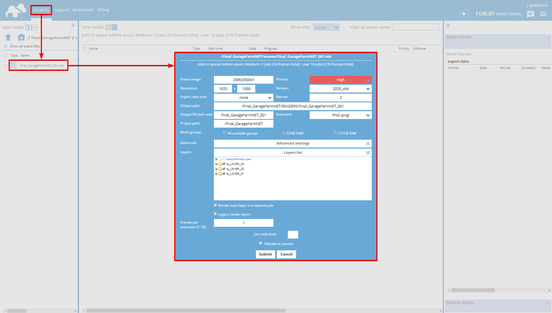 Adding a scene to rendering directly from Web Manager file browser