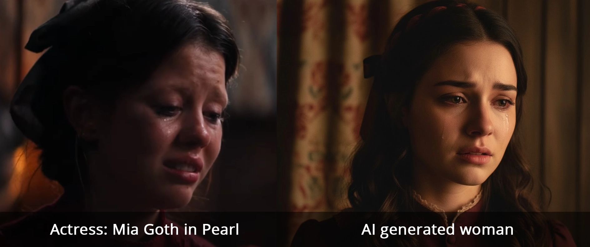 Actress Mia Goth in Pearl compared to an AI generated woman