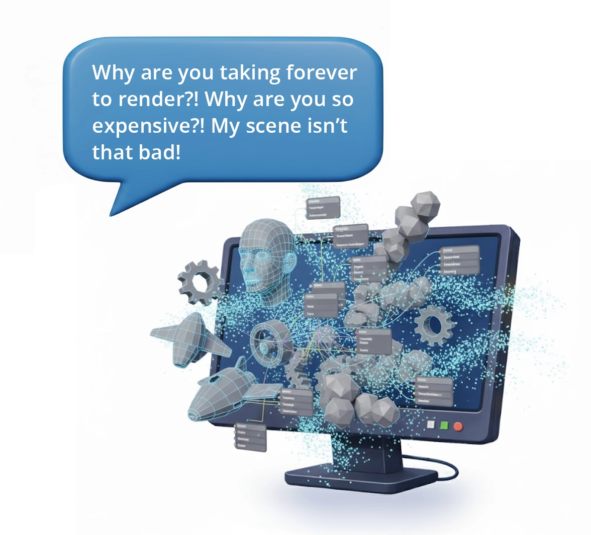 A computer being overloaded with 3D assets