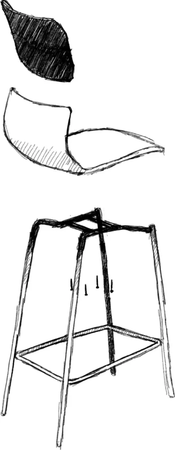 A hand-drawn sketch of a bar stool design in three views: the seat from above with a shaded curved form, a side profile of the ergonomic seat, and a full view showing a minimalistic metal frame base with a footrest.