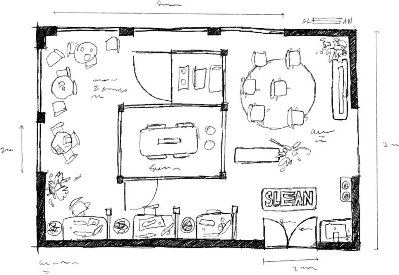 A hand-drawn floor plan of an office space featuring various work and meeting zones. The layout includes a central open area with a large meeting table labeled “Open Space,” surrounded by different sections: a lounge area with armchairs, a round meeting table, desks for three people, a phone booth, a small library, storage, and a reception desk. Doors, windows, and dimensions are also sketched, with notes and labels written in French.