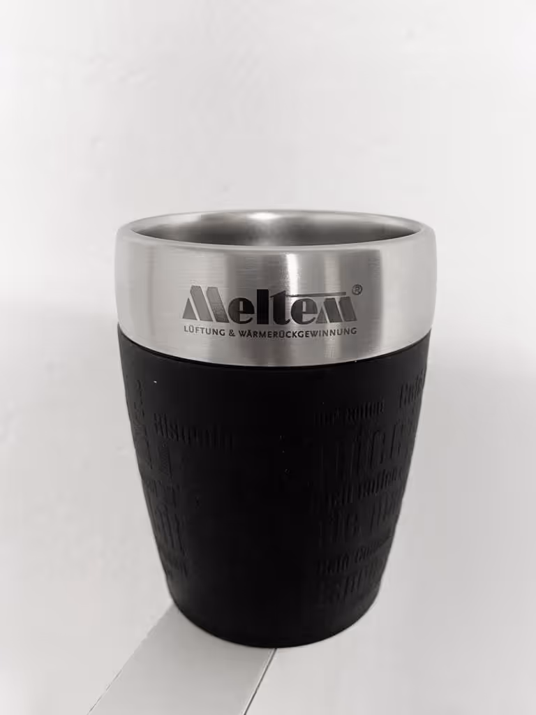 Emsa Travel Cup mit Logo graviert kleiner Thermobecher passt unter jede Kaffeemaschine