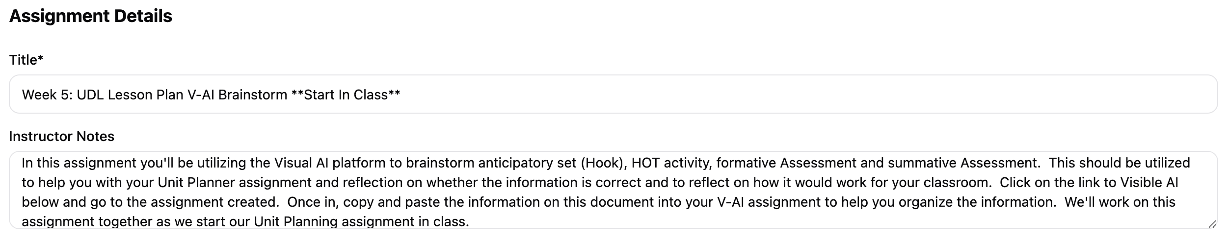 Example of assignment details in VisibleAI for Default Mode