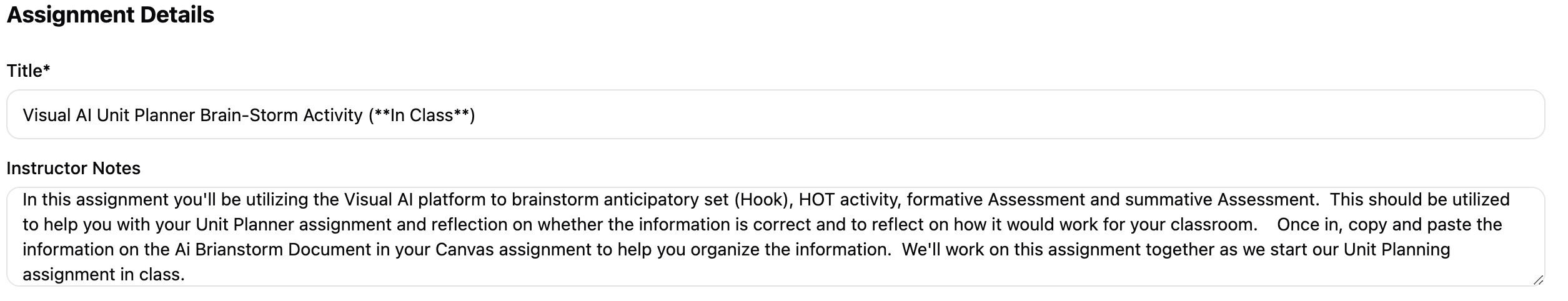 Assignment details example for a VisibleAI assignment in Research Mode