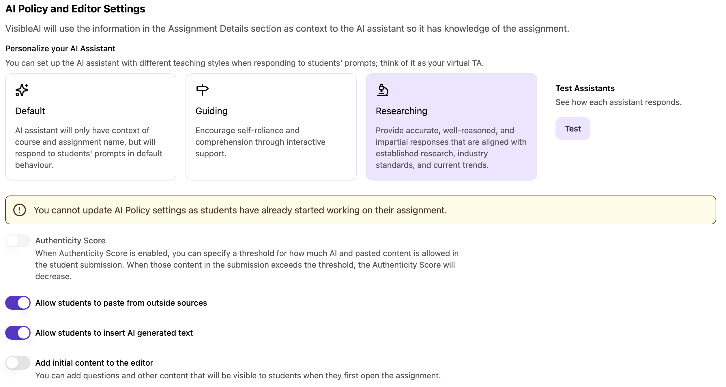 Example of VisibleAI assignment set-up for Research Mode