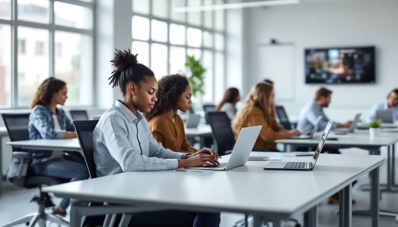 In a modern classroom, students are focused on their laptops, utilizing various AI tools to assist with their academic assignments. The environment promotes collaboration and creativity as they engage with AI homework helpers and assignment writers to enhance their writing process and academic success.