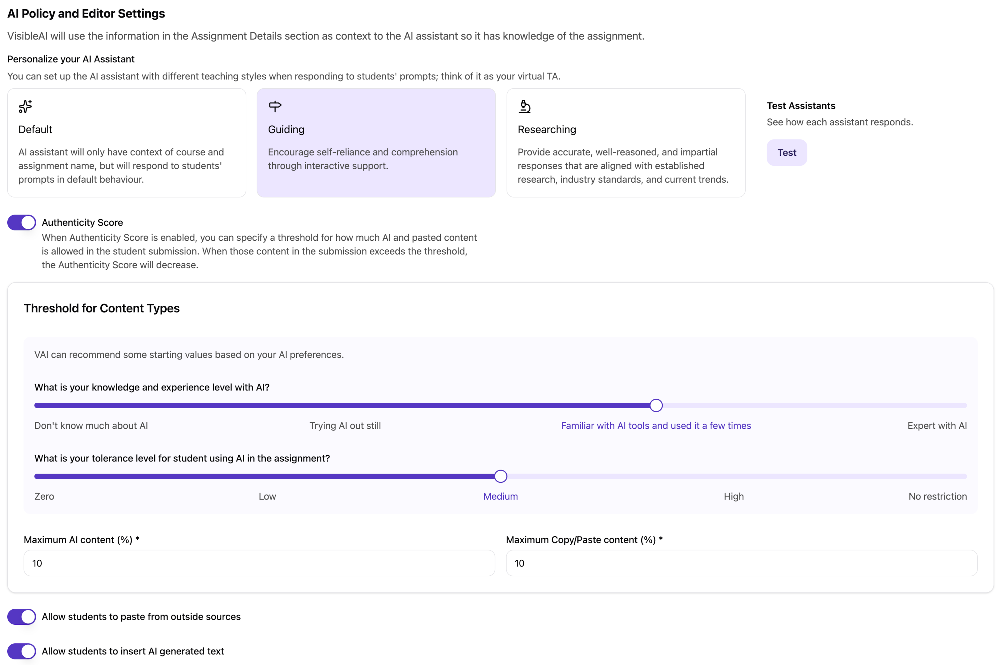 Guiding Mode assignment set-up in VisibleAI
