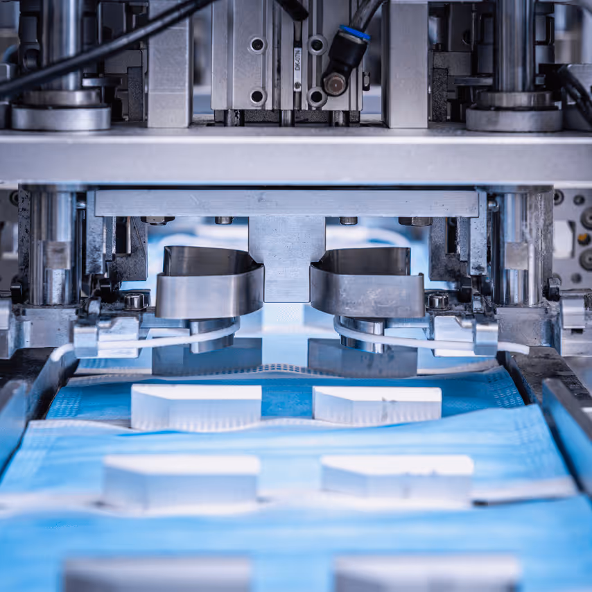 Close-up of automated machinery producing blue disposable face masks with white nose bridges.