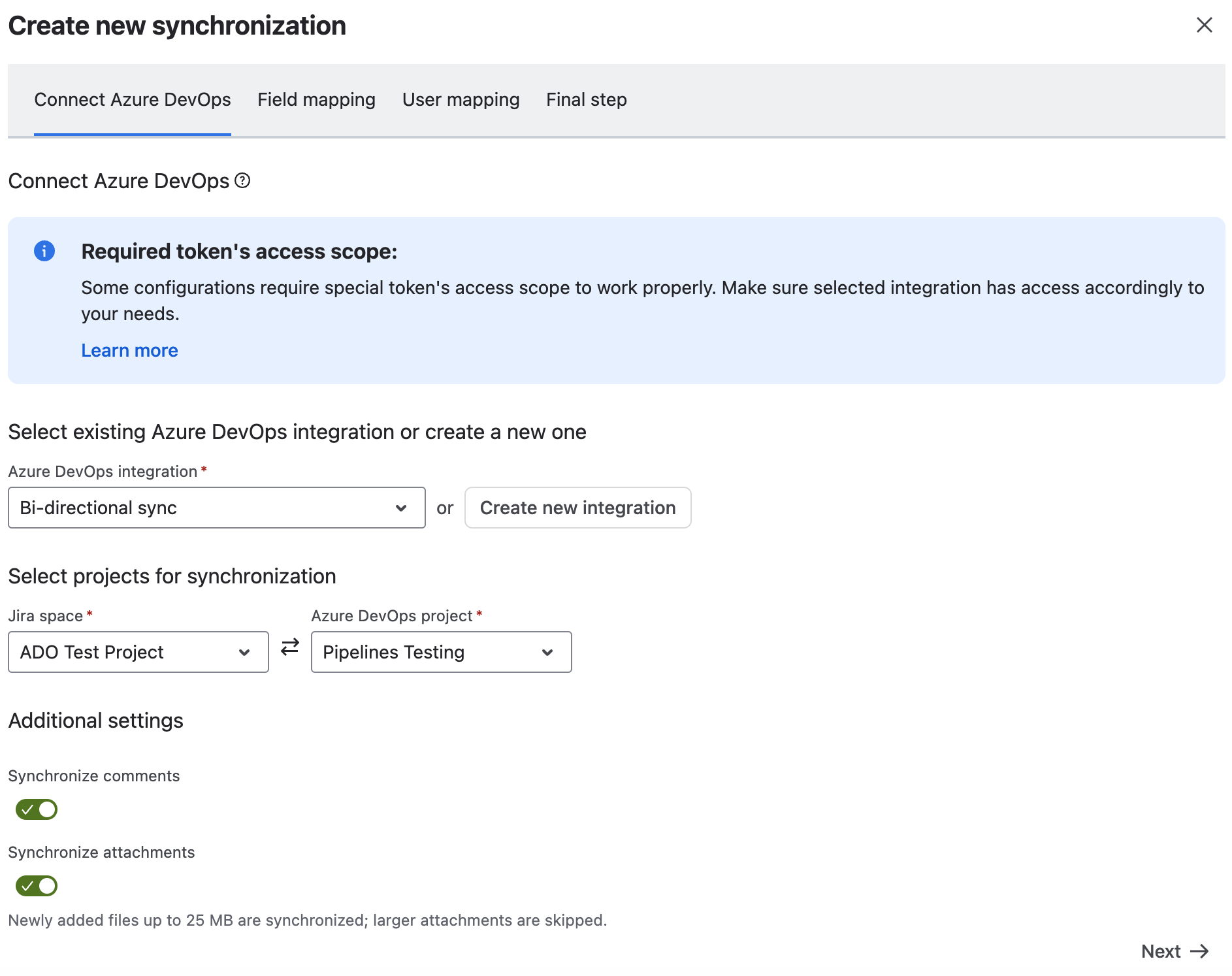 Choosing the Jira space and Azure DevOps project to synchronize