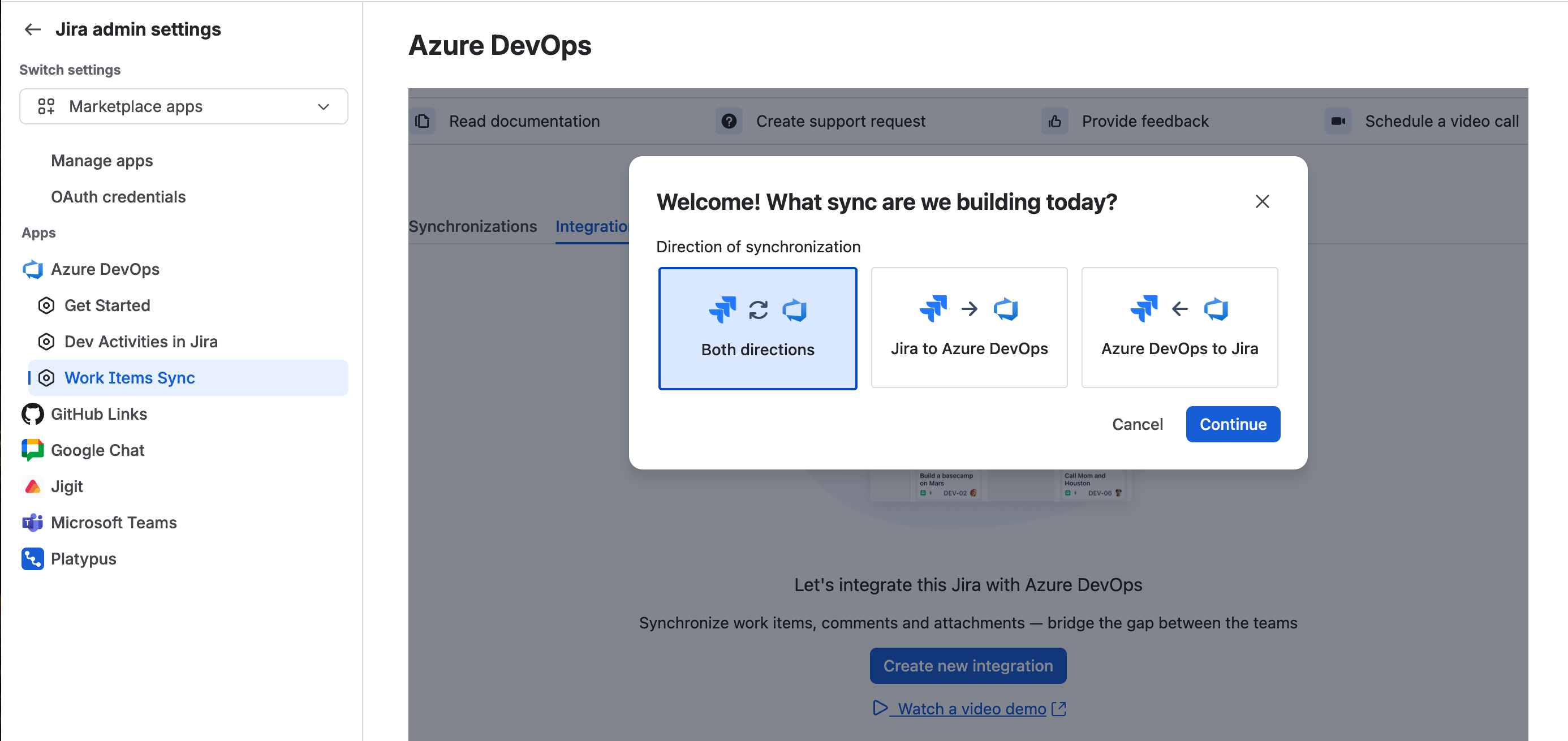 Creating a two-way Azure DevOps integration in Jira by selecting Both directions