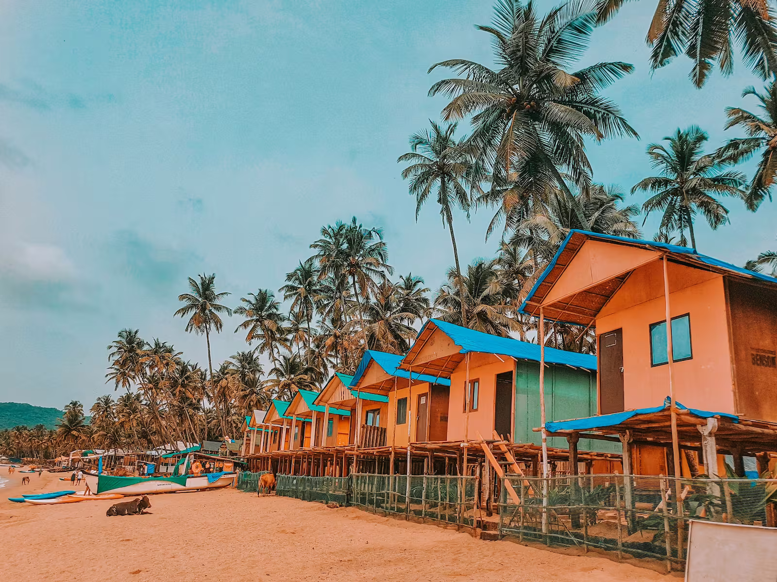bright orange huts lined up on beach with palm trees in background