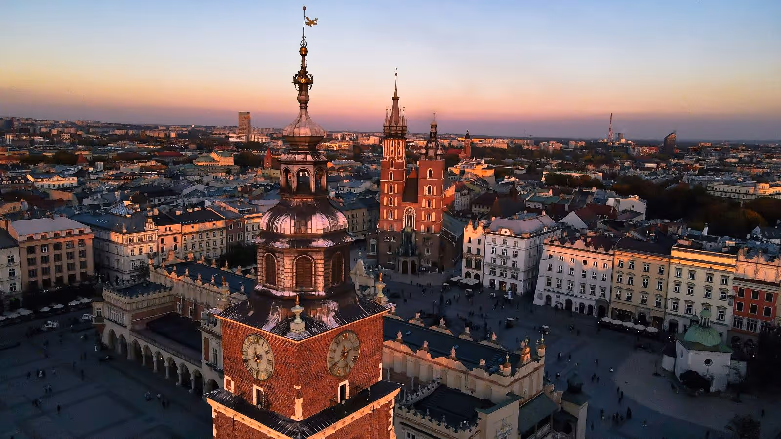Aerial view of city square with historical buildings