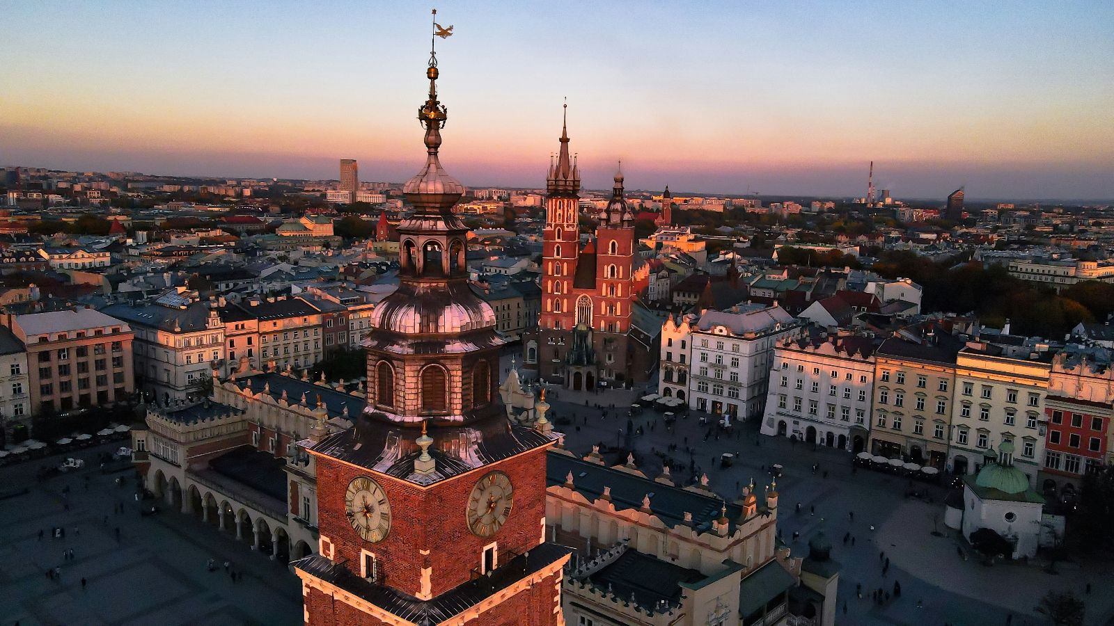Aerial view of city square with historical buildings