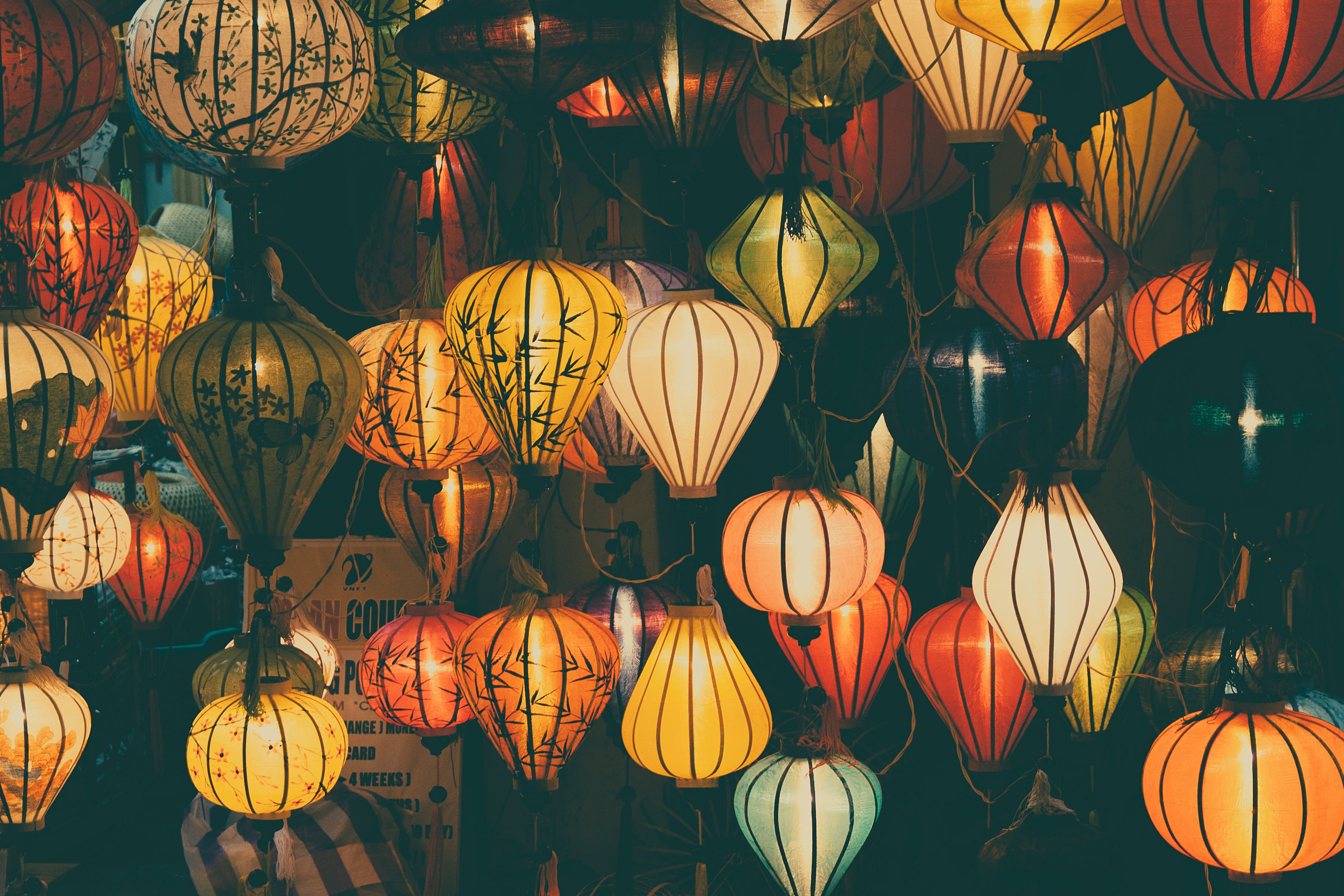 Colourful, light lanterns hanging