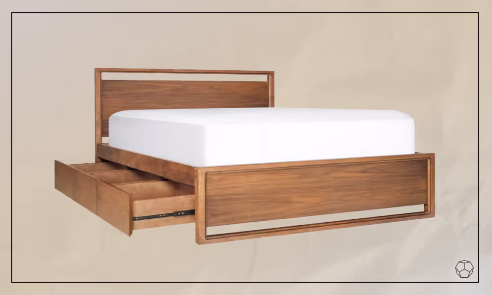 Natural wooden storage bed with three roomy storage drawers in the left side and a white mattress