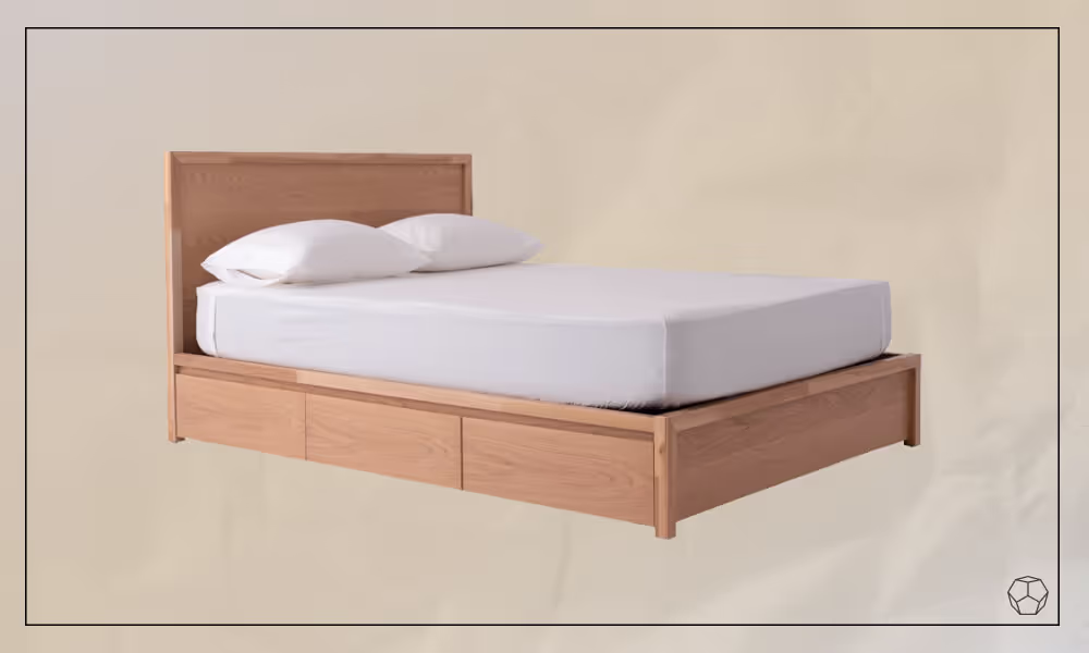 Wooden Storage Bed in a light wood color with three side drawers and a mattress with white bedwear