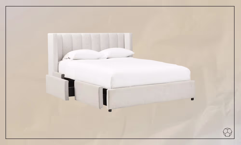 White upholstered Storage Bed with side drawers, a mattress and white bedwear
