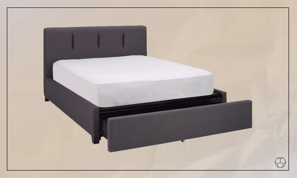 Dark gray upholstered platform Bed with a ample storage drawer and a white mattress in the top