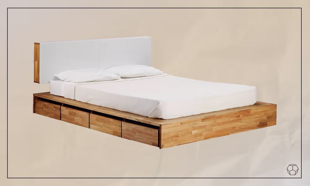 Wooden Platform Storage Bed with four drawers and a mattress with white bedwear