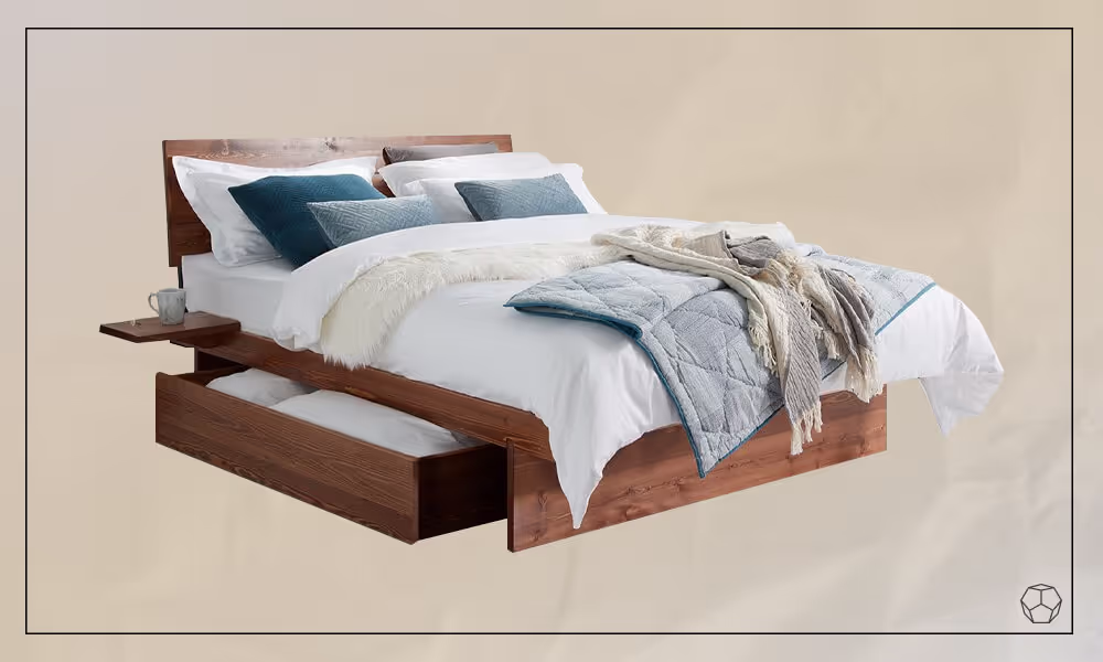 Wooden Storage Bed with a japanese style with a deep drawer, a mattress, pillows and bedwear