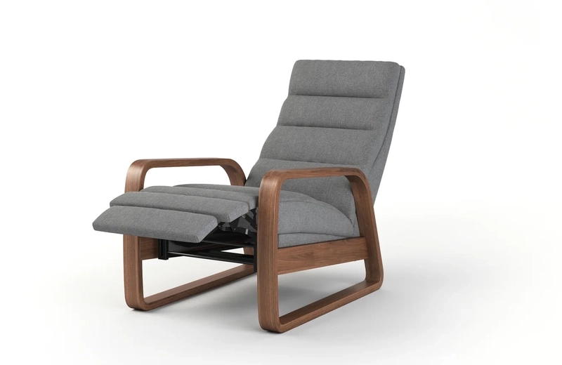 Recliner chair with wooden frames and gray cushioned upholstery