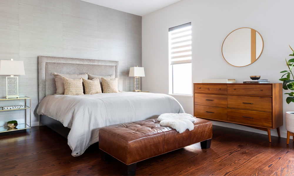 Classic Leather Bench in a modern grey bedroom