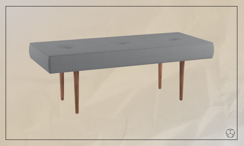 Grey upholstered bench with wooden legs