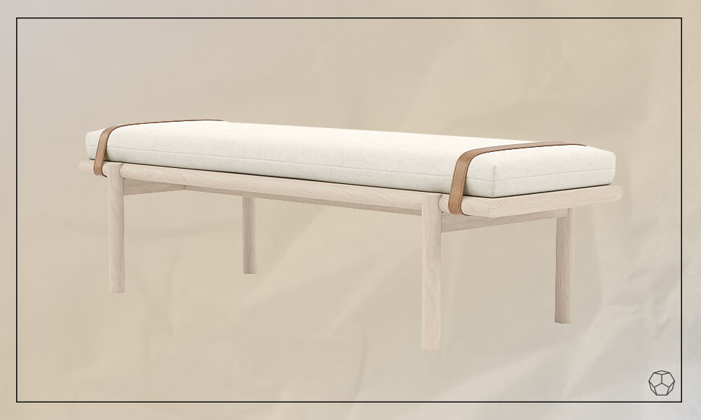 White wooden bench with a white seat cushion and a brown leather strap