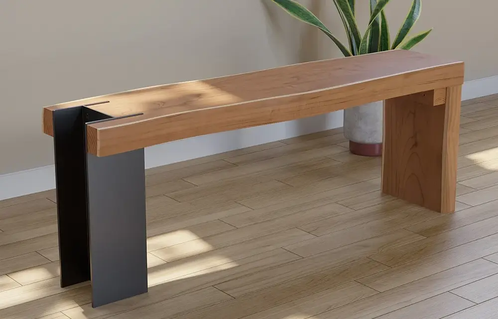 Sleek wooden bench with one sturdy metal leg