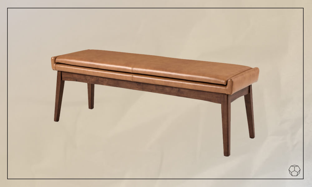 Wooden bench with a brown leather seat cushion