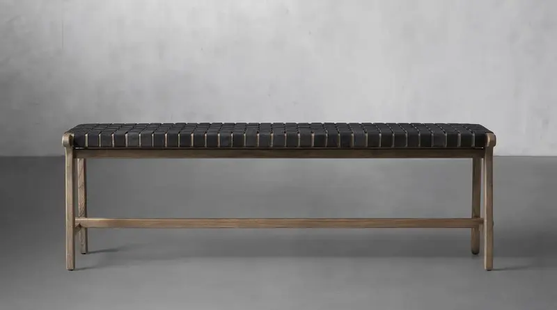 Solid oak frame bench with black woven leather straps