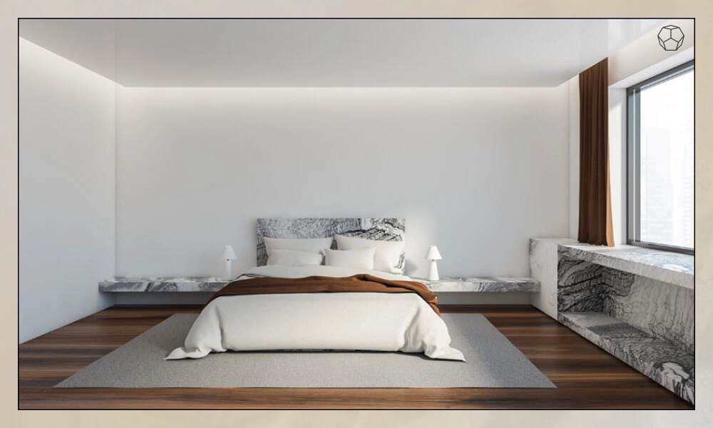 Modern minimalist bedroom with a gray rug with in two-thirds under the bed