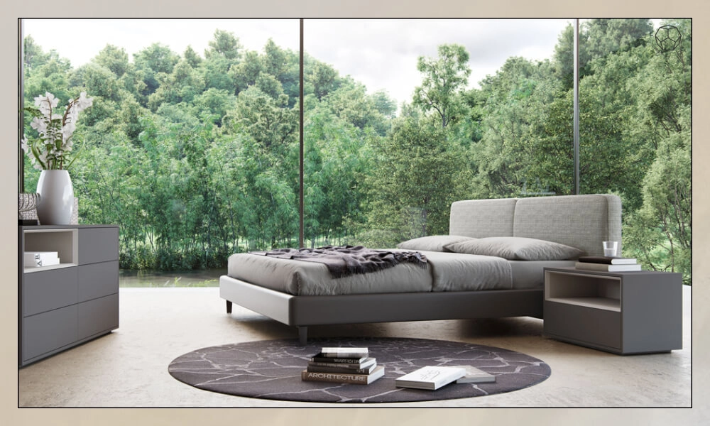 Circular bedroom rug placed on one side of the bed