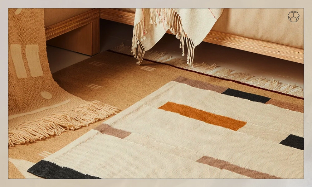 Contemporary rug placed in one side of a wooden bedframe